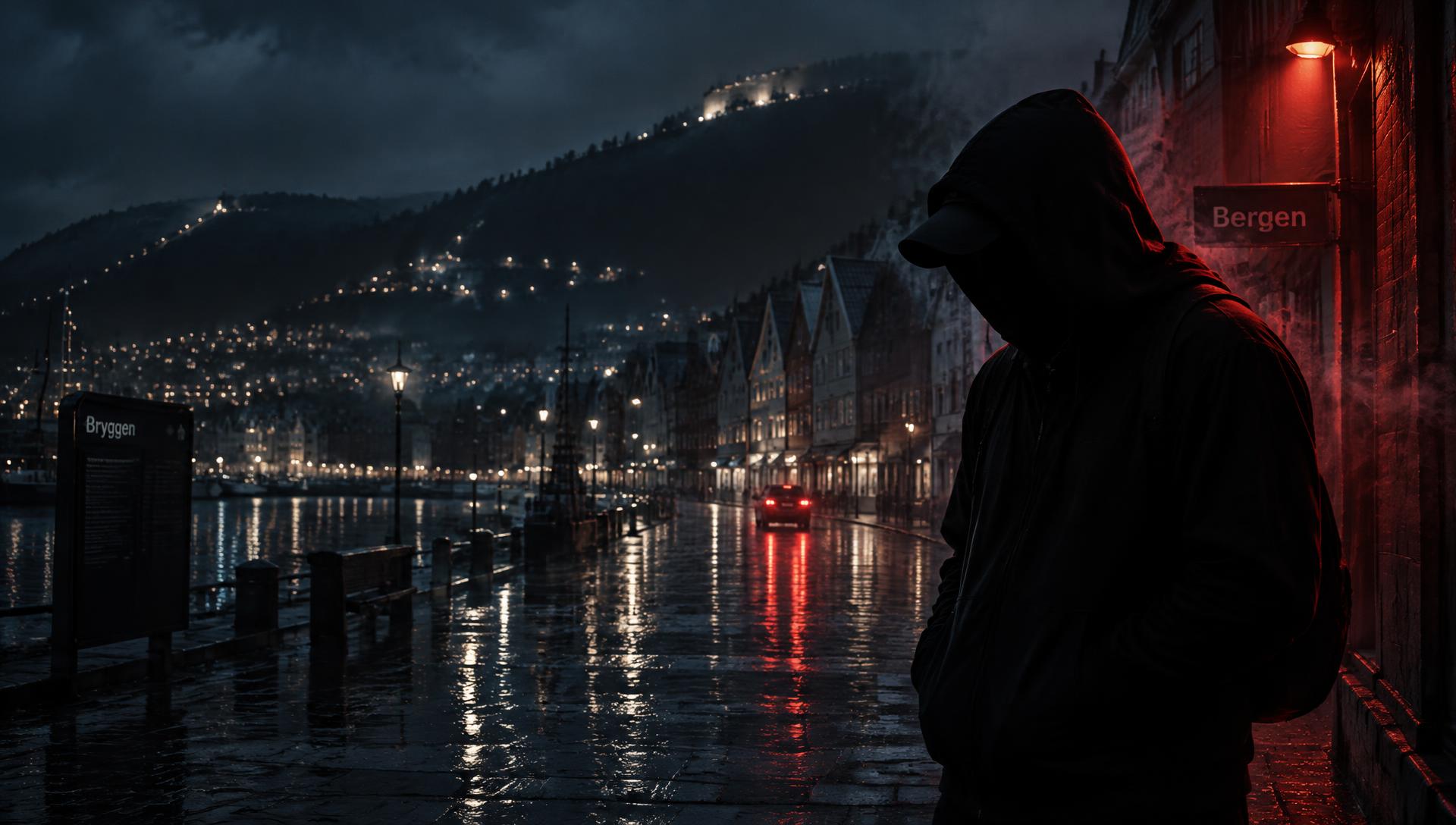 UVERK i hettegenser i regnvått Bergen om natten